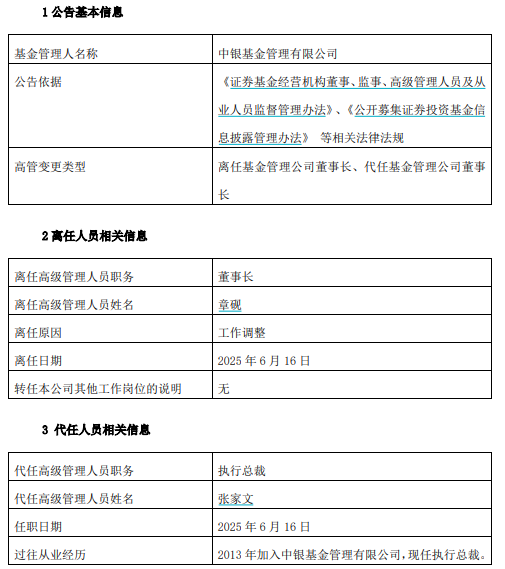 中银基金换帅！董事长章砚离任，“老将”张家文代掌6500亿公募棋局